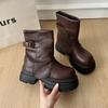 Fashion Retro Thick Bottom Pleated Wrinkled Women Ankle Boots Height Increase Versatile Casual Women Shoes Solid Thick High Heeled Botas