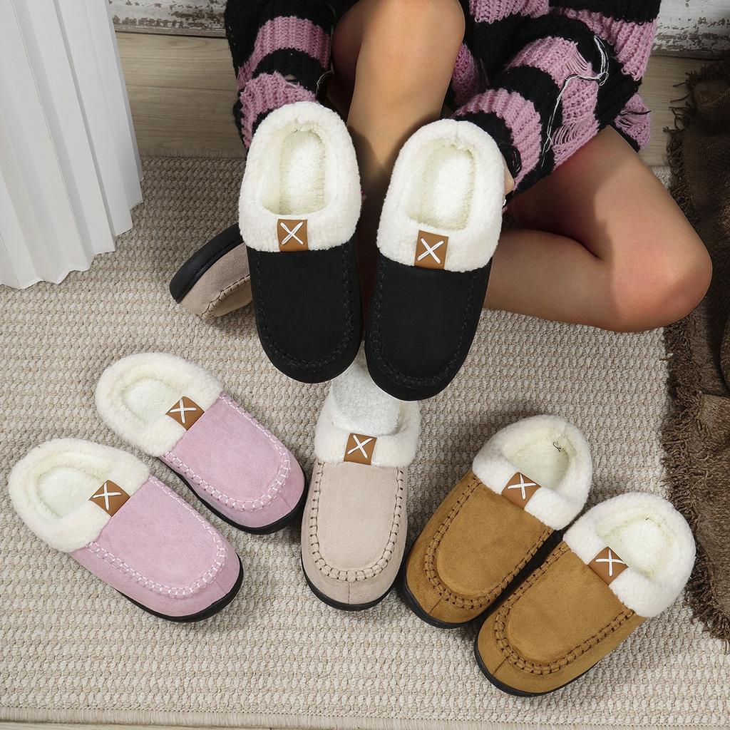 Fashion Plush slippers with fur edges for home warm outdoor wear plush non-slip thickened outdoor wear cotton slippers