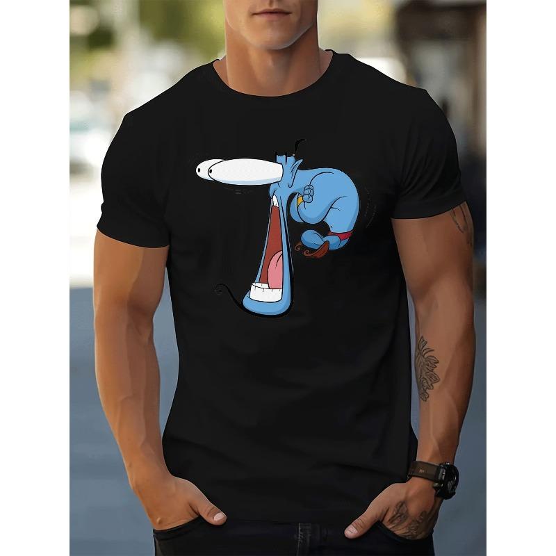 Classic Fit Men's Fashion Casual Trendy Street Style Graphic T-shirt ,Blue Genie Character Big Open Mouth Tongue Out White Eyes Pattern