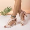 Outer size large size European and American style fish mouth printed sandals summer new middle heel fashion women's shoes tea