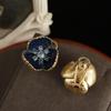 Blue Drip Enamel Cloisonné Flower Brooch and Ear Clip Set