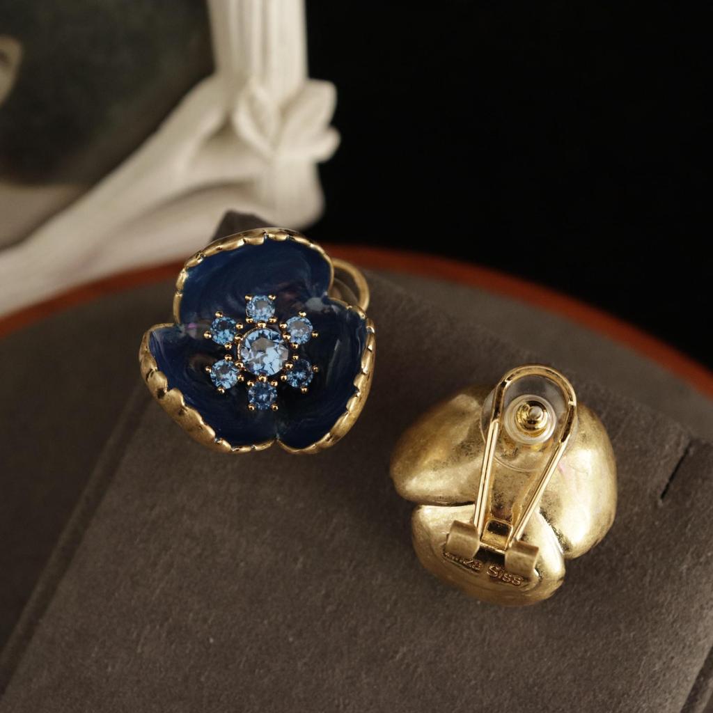 Blue Drip Enamel Cloisonné Flower Brooch and Ear Clip Set