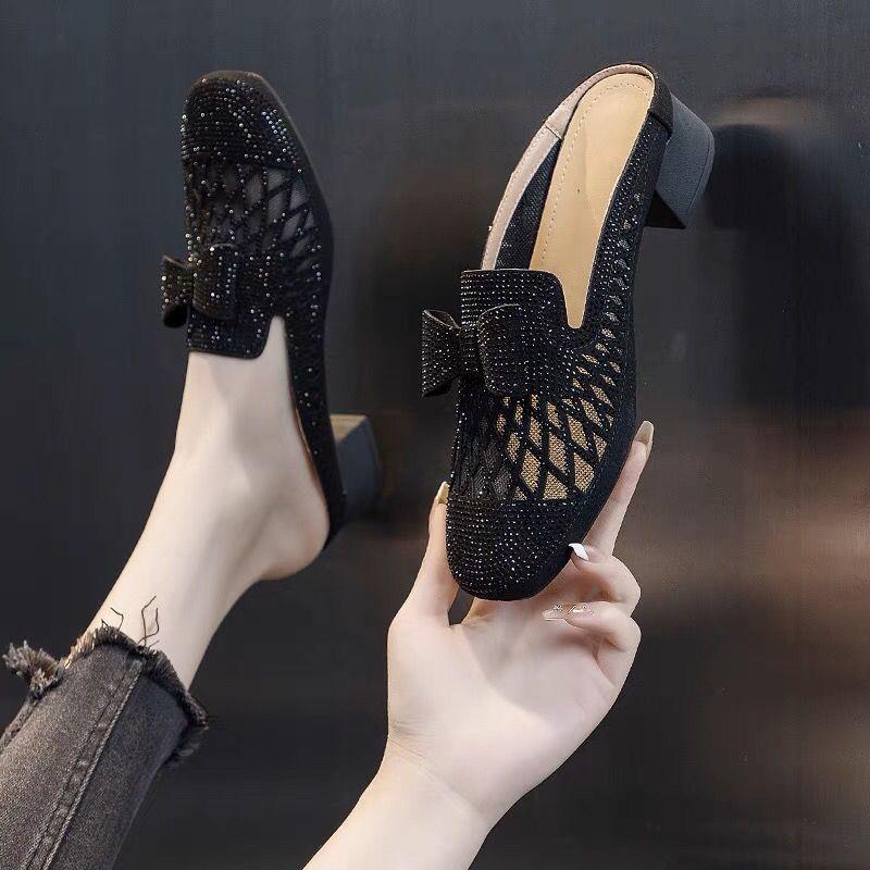 Rhinestone With Bow Women's Slippers and Ladies Sandals Medium Heel Mesh Breathable Casual Shoes 2025 Luxury 39 Low Price Slides