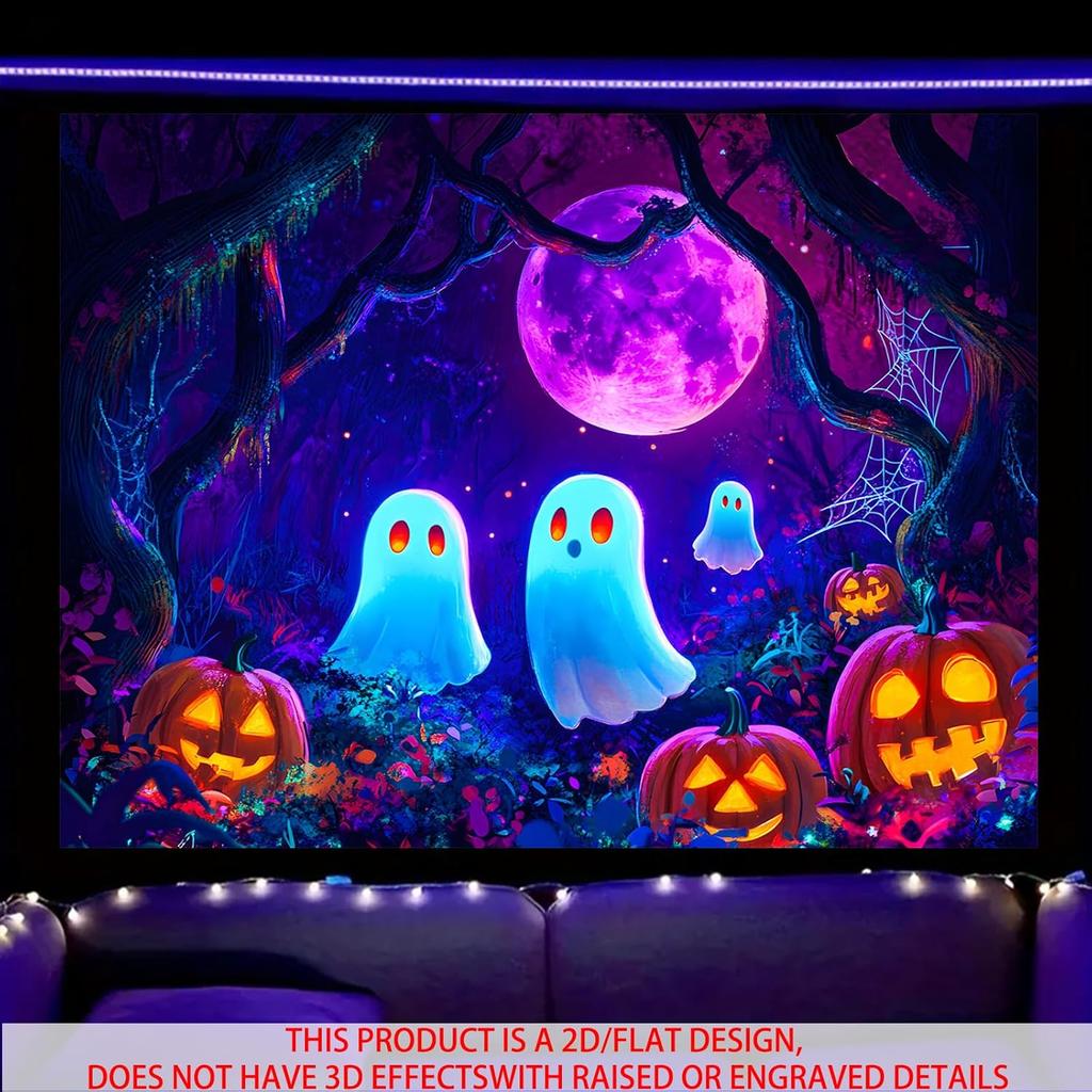 Nuxovilar UV Reactive Tapestry Halloween Ghost Forest Scene BlackLight Tapestries Cool UV Black Light Pumpkin Night Tapestry Liv