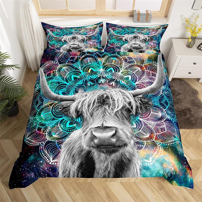 Highland Cow Bedding Set Polyester Bull Cattle Flowers Quilt Cover Western Wild Animal Duvet Cover Farmhouse Cow Bedspread Cover
