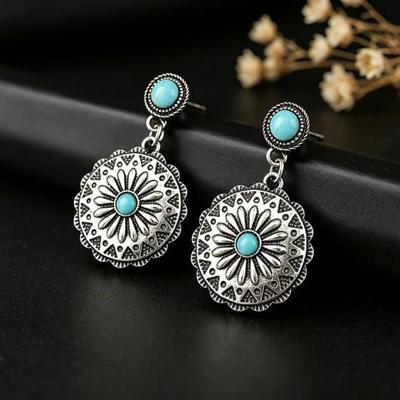 Bull Head Turquoise Inlaid Flower Pendant Western Cowboy Dangle Earrings – Retro Bohemian Ethnic Style