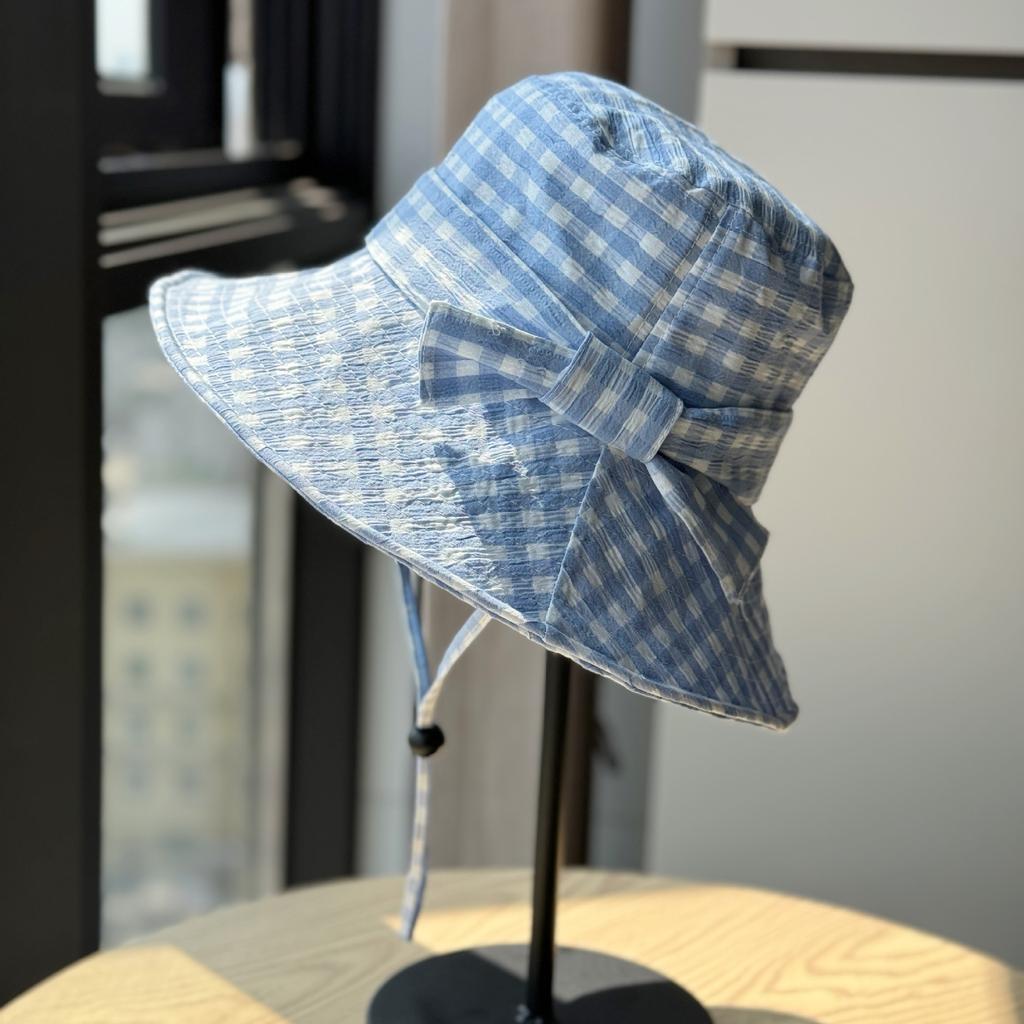 New Korean-style plaid fisherman hat for women, spring and summer, large brim, makes the face look smaller, floral pattern, sun protection hat