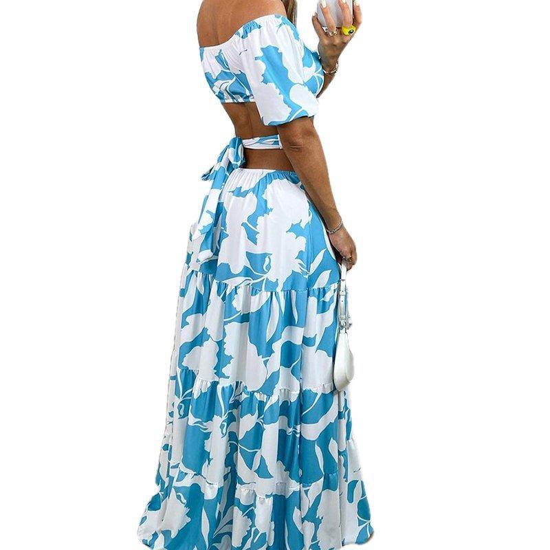 Off-Shoulder Geblümtes Kleid Slim Fit Schnürung Sexy Cut-out Rückenfrei Party Langes Kleid Mode Elegant Kurzarm Sommer A-Linie Locker Rückenfrei