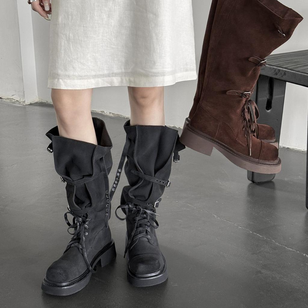 2025 new western cowboy boots retro knight boots women's medium boots medium thick heel thick bottom pile long boots