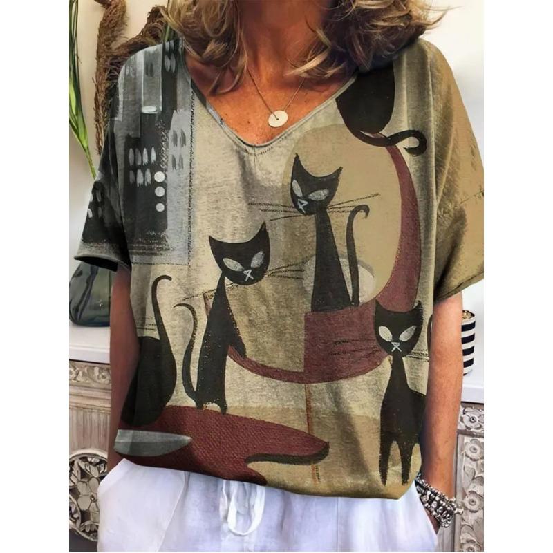 Women s V-neck short-sleeved T-shirt with cute kitten print S
