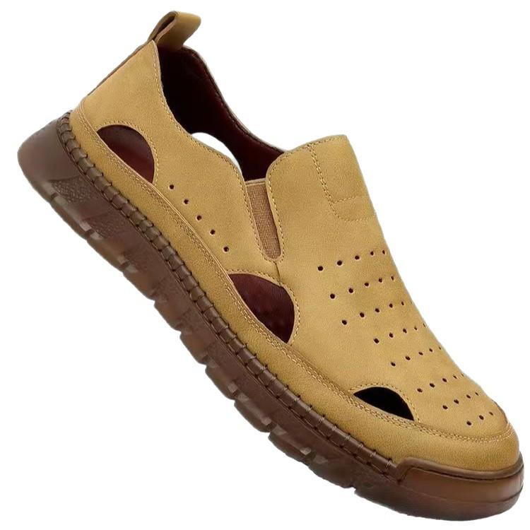 Hohle bequeme atmungsaktive Ledersandalen leichte Füße lässige Einzelschuhe Mode mit weicher Sohle Zehenkappe Herrenschuhe