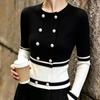 La Chapelle Contrast Double-Breasted Knit Polo Sweater
