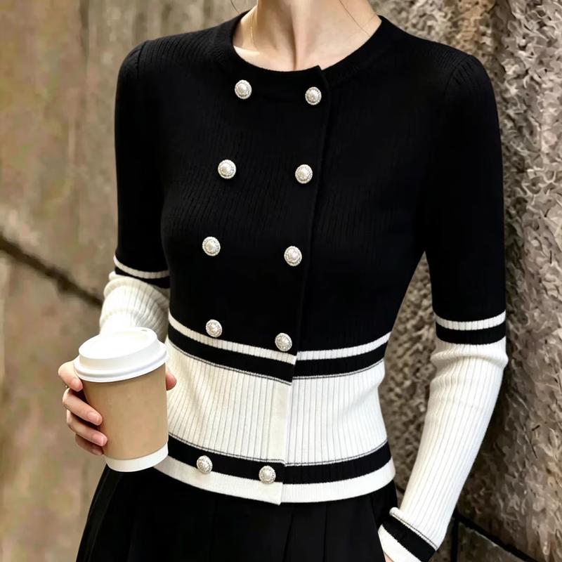 La Chapelle Contrast Double-Breasted Knit Polo Sweater
