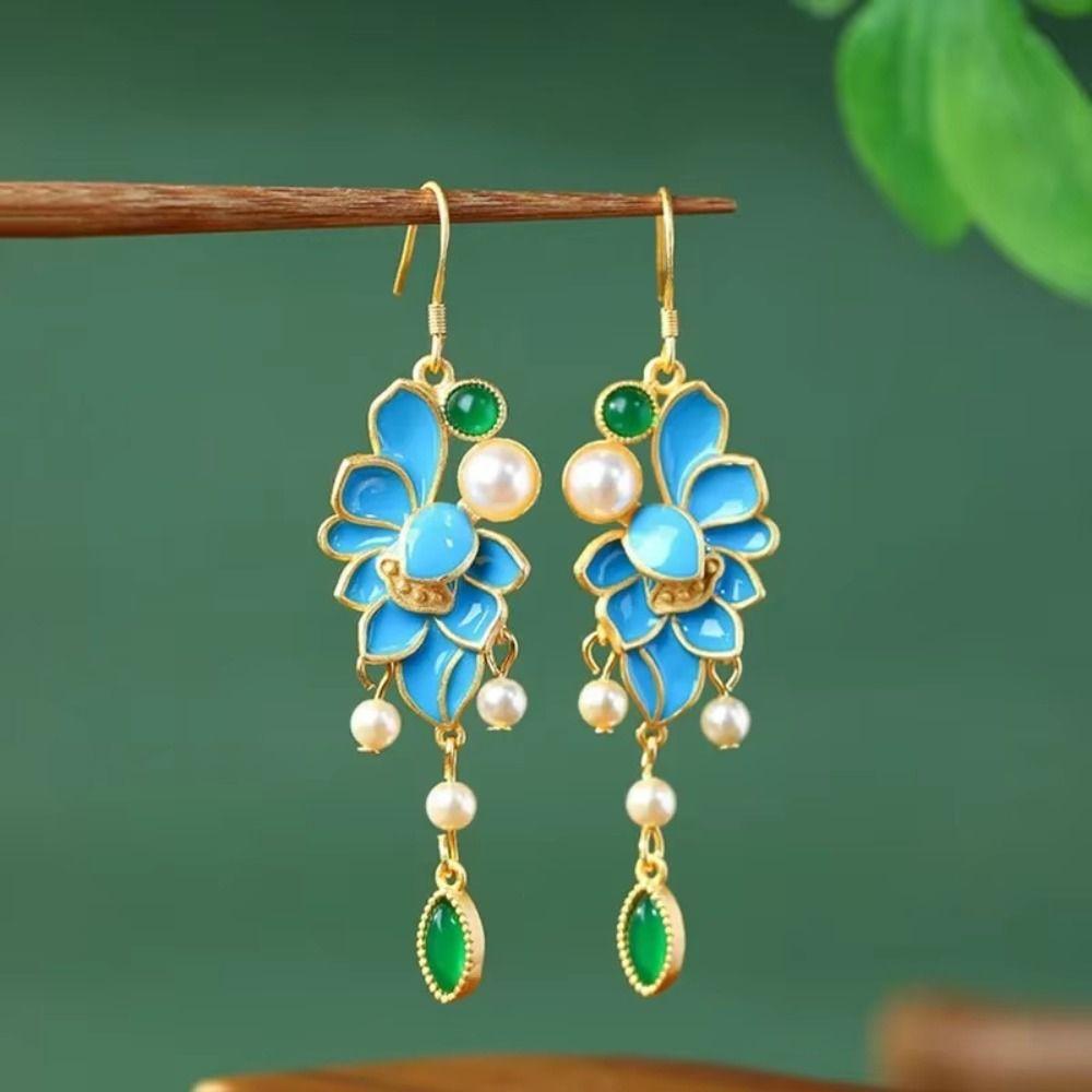 Klassische Brennende Blaue Ohrringe Quaste Imitation Perle Schmetterling Atmosphäre Stecker Ohrringe Cheongsam Zubehör