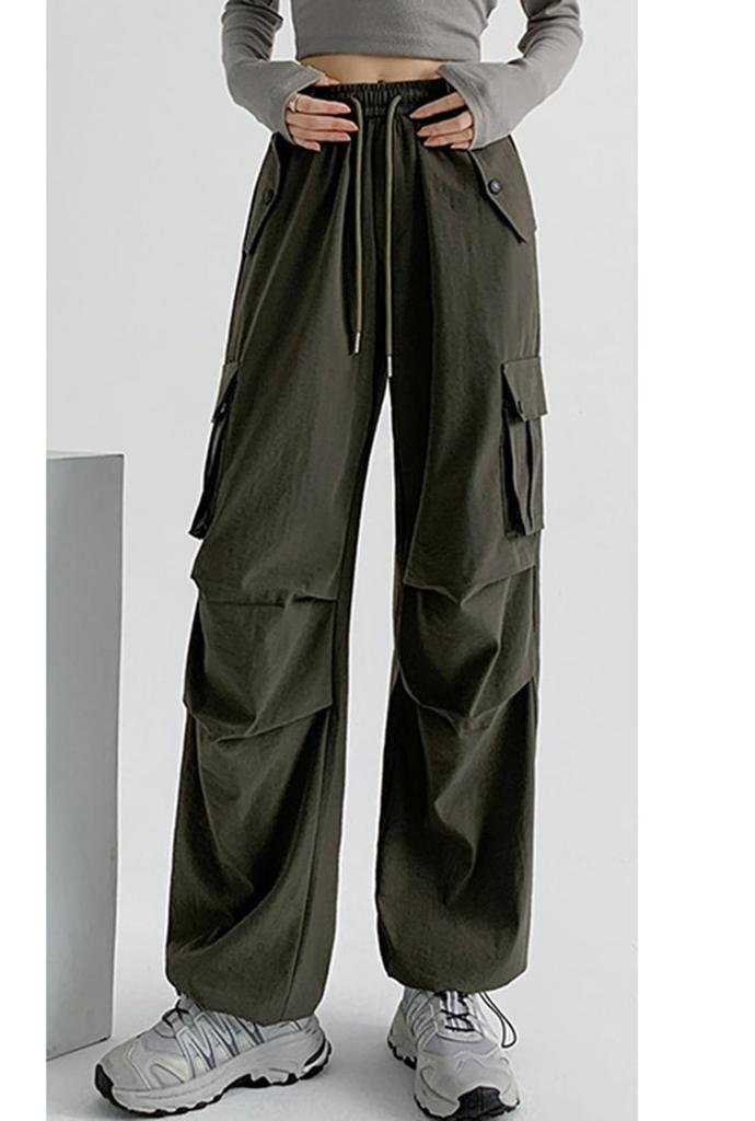 JHIJSC Autumn Cargo Solid Loose Plus Sizes Women's Pants, Wide-Leg, Color, Fit, Casual, Stylish, (JP, Alphabet, XL, Green)