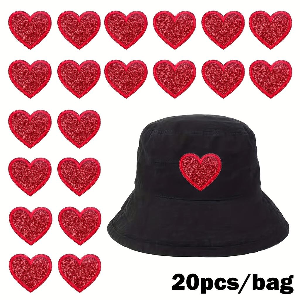 20pcs Red Glitter Heart Patches-Iron-On Embroidery for Clothing, Hats, Bags, Shoes-Shiny Decorative Accessories,Cute Hat Decorat
