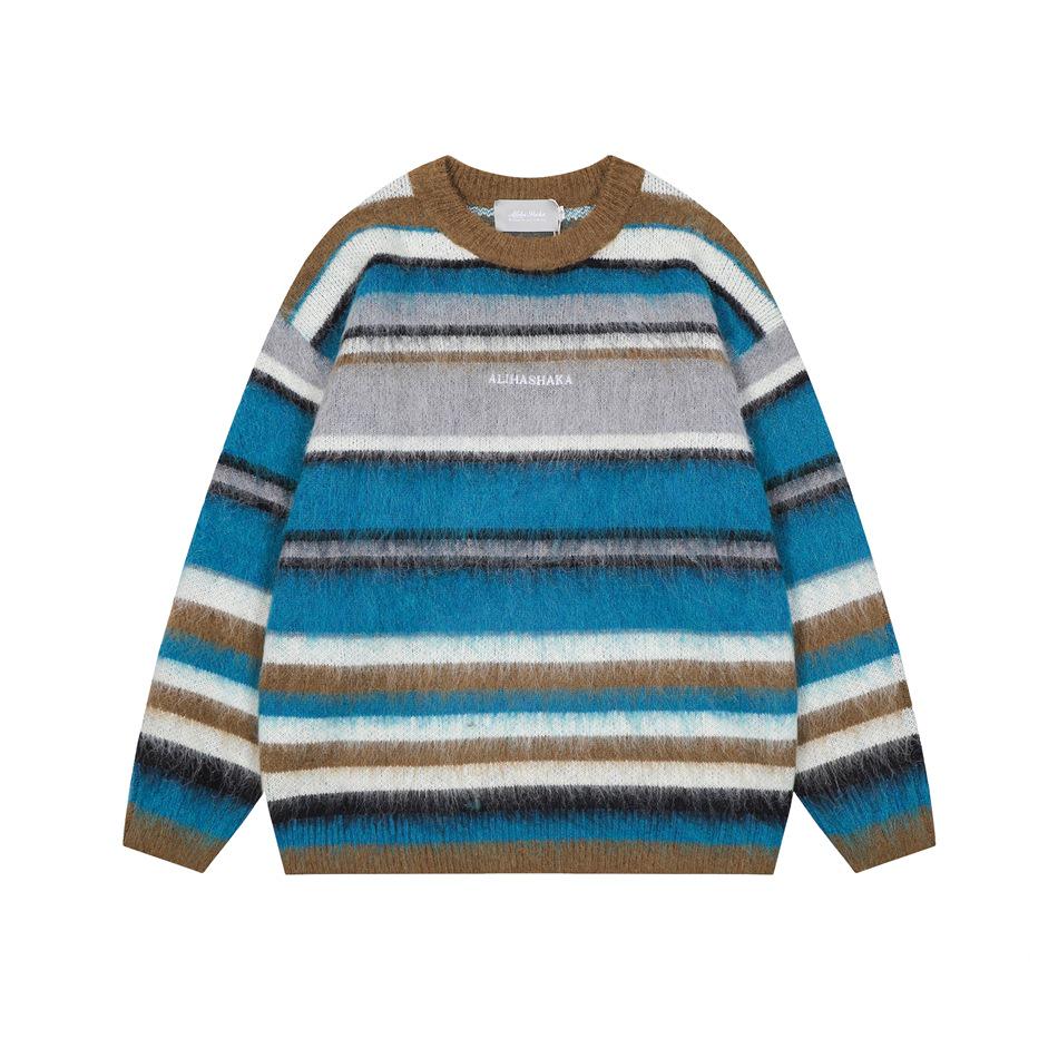 UNDREST Retro Striped Unisex Campus Sweater - Autumn/Winter Pullover Knitwear Small синий