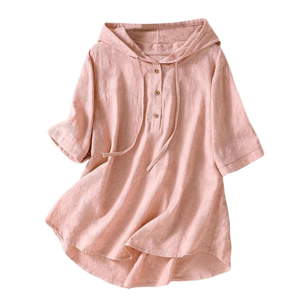 

Elegant Women Blouse Shirt Hooded Cotton Linen Solid Color Buttons Half Placket Short Sleeve Top Thin Loose Blouse 3XL розовый