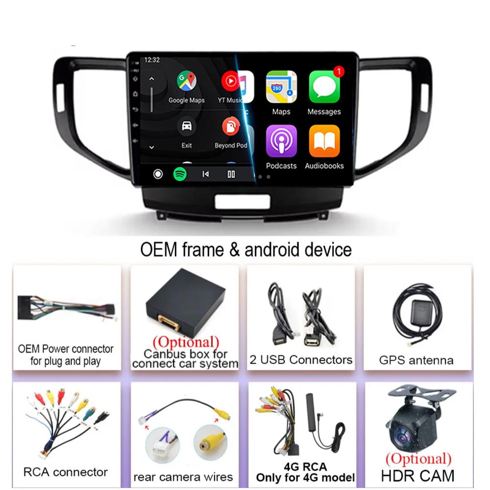 For Honda Accord 8 Spirior 2009-2012 2013 Stereo Car Radio Android 14 Auto Carplay Navigation GPS Multimedia Video Player BT5.0