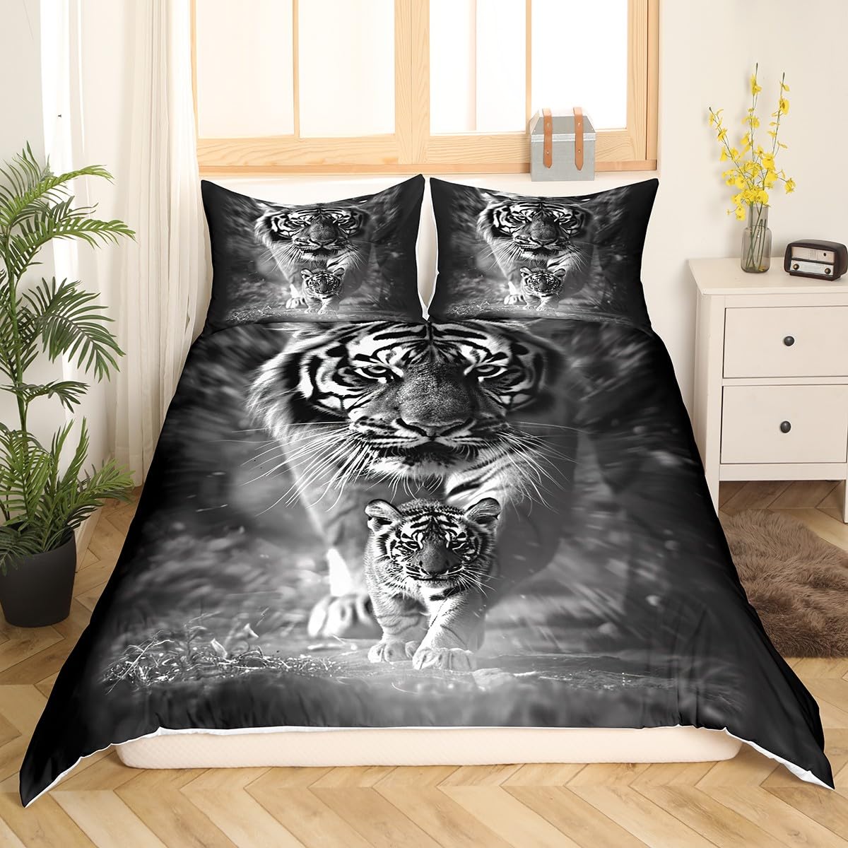 

White Tiger Duvet Cover Full Japanese Ukiyo-e Cherry Blossoms Comforter Cover Wild Animal Plant Bedding Set Ink Art Quilt Cover EU Single(135x200cm)