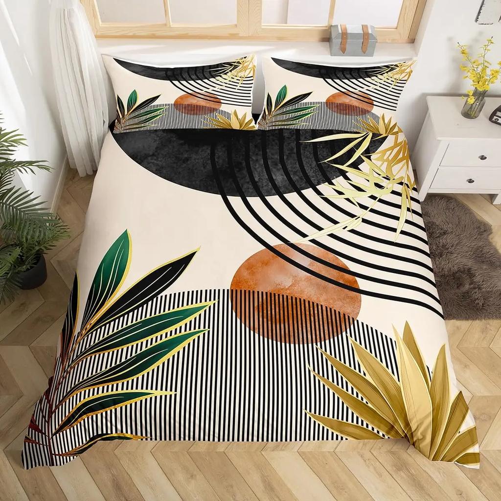 Mid Century Boho Duvet Cover Full,Abstract Art Simple Comforter Cover Minimalist Tropical Palm Leaves Bedding Set For Kids Adult