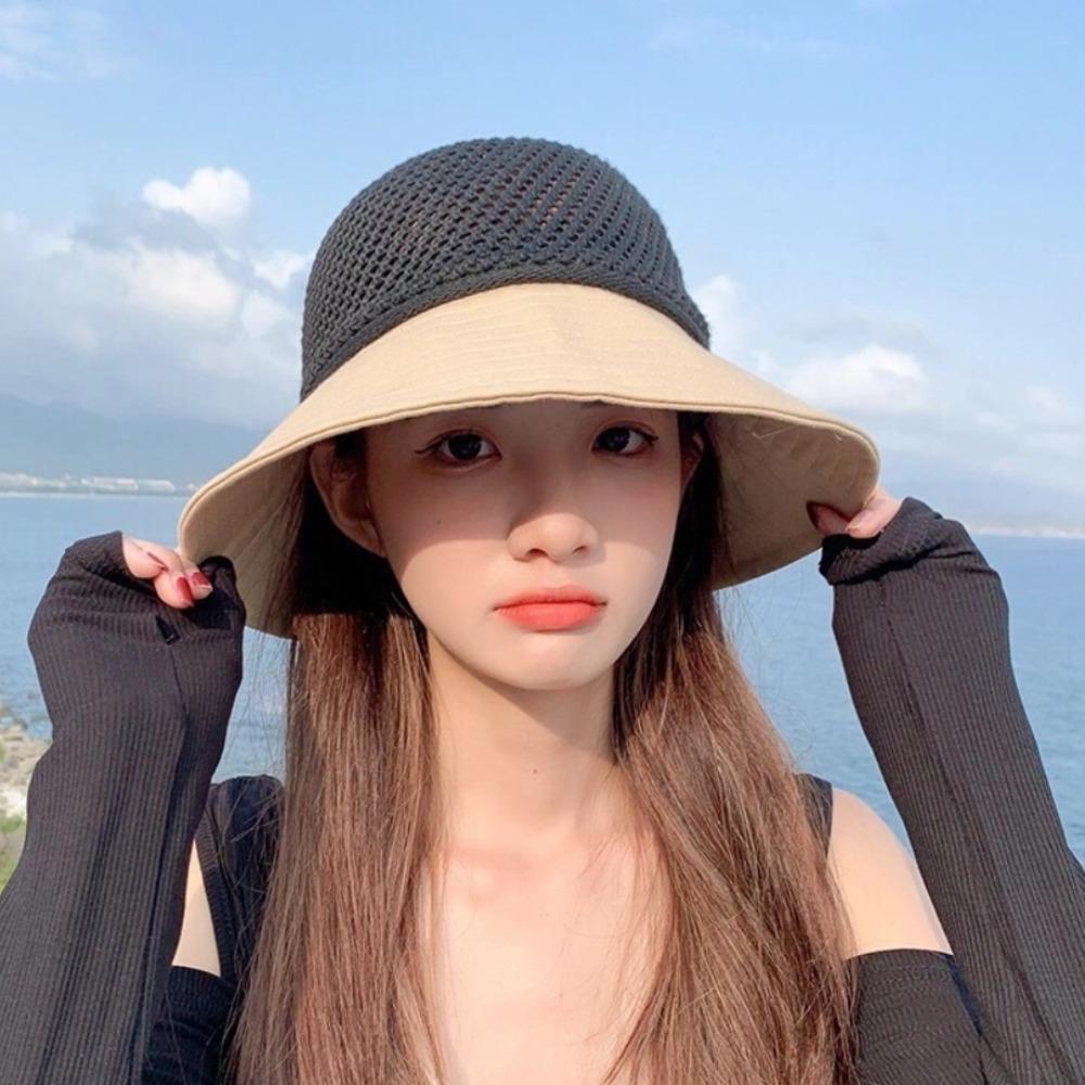Hollow Bow Sun Hat Japanese Knitted Bucket Hat Fashion Bowtie Fisherman Hat Summer