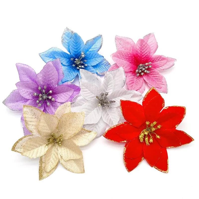 10/50 Stück Künstliche Weihnachtsblumen Mehrfarbig Rot Glitzernde Kunstblume für Weihnachtsbaumschmuck Neujahrsparty Heimdekorationen