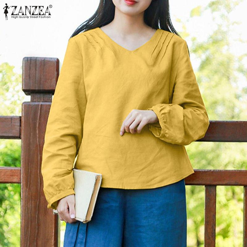 

ZANZEA Женская свободная однотонная повседневная блузка в полоску с v-образным вырезом и длинными рукавами