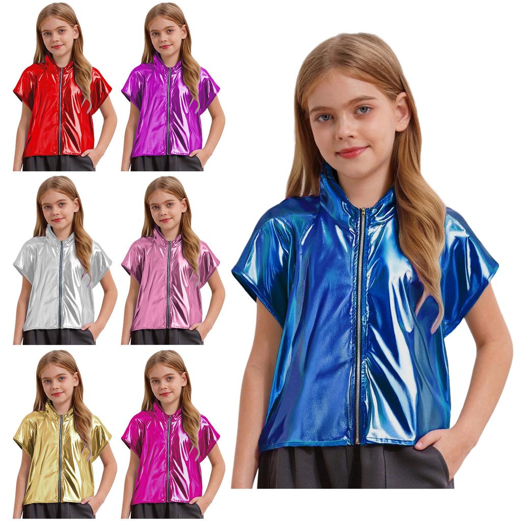 Boys Girls Metallic Hooded Vest Sleeveless Zipper Shiny Hoodie Jazz Dance Stage Performance Vest