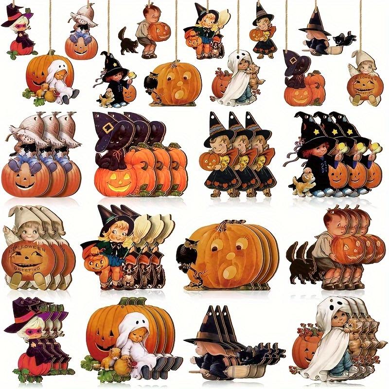

36pcs, Halloween Tree Ornaments Wooden Pumpkin Ornaments Vintage Wooden Tag Witch Black Cat Crow Broom Pendant Suitable For Decoration DIY Crafts Pack of 36