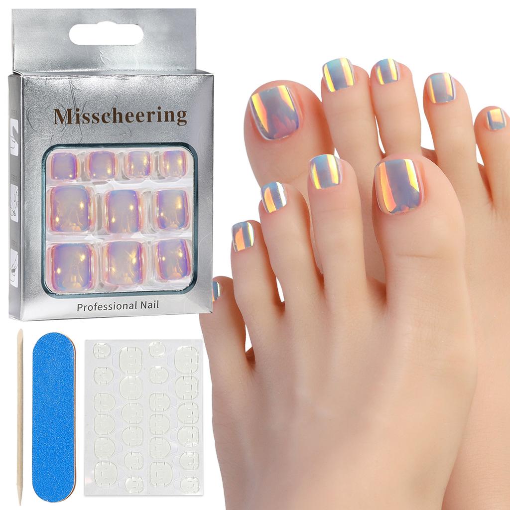24Pcs Glossy False Toenails Aurora Cat Eye Designs Summer Press On Toe Nails DIY Manicure for Women Girls False Nails Art