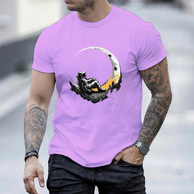 Men's Summer Fashionable Casual Loose Plus Size Landing Moon Pattern Printed Sports Round Neck Short Sleeved T-shirt