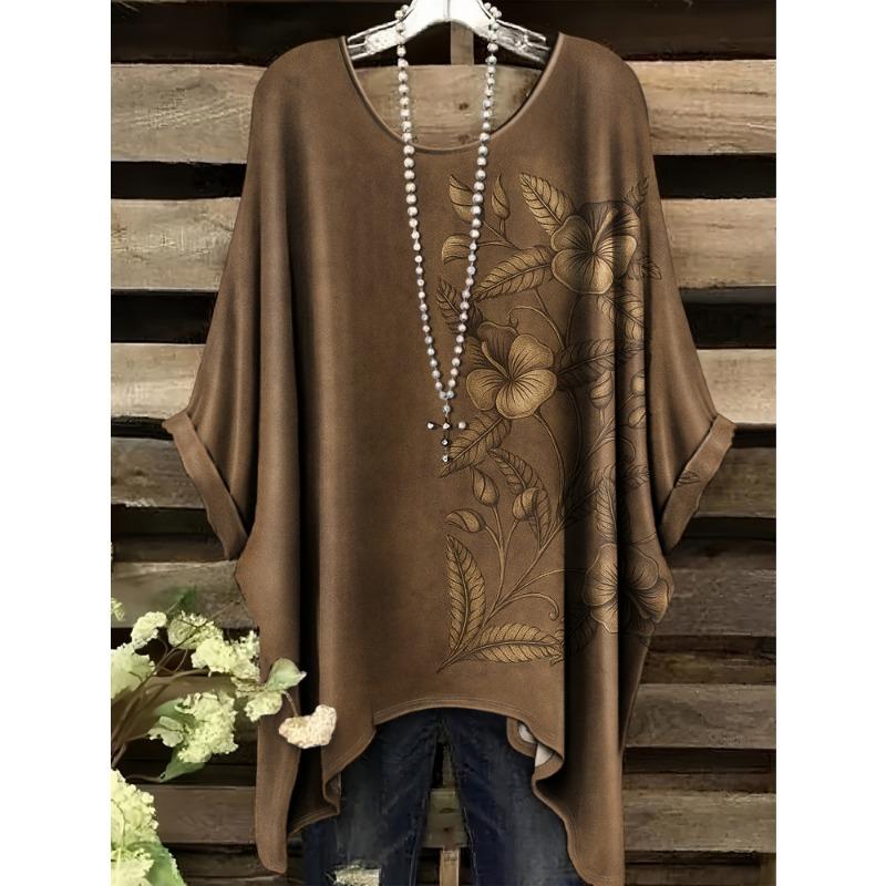 Women's Bohemian Flower Print T-Shirts Black Colorful Retro Full Body Graphic