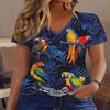 Lässiges Urlaubs-Pflanzenblatt-Tier-Papagei-Vogel-Grafik Ganzkörper-Print Atmungsaktives V-Ausschnitt Kurzarm-T-Shirt