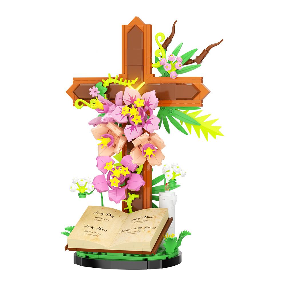 MOC Christianity Crimson Prayer Cross Flower Building Blocks Sacred Bible Tulip Flowers Bouquet Bricks Model Assembly Toys Gifts
