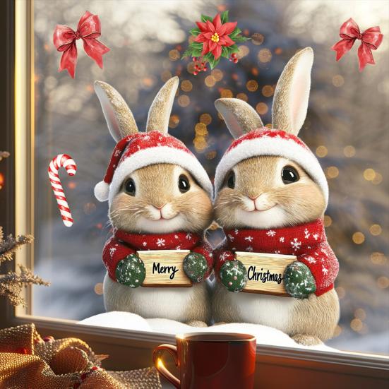 Yousheng Merry Christmas Rabbit Window Cling Removable Waterproof Santa Hat Couple Bunny Static Glass Sticker Holiday Party Decoration Decal