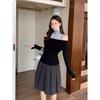 2025 Autumn Women's High Neck Off-the-Shoulder Long Sleeve Color Block Cropped Top, Slim Fit, Spicy Style
