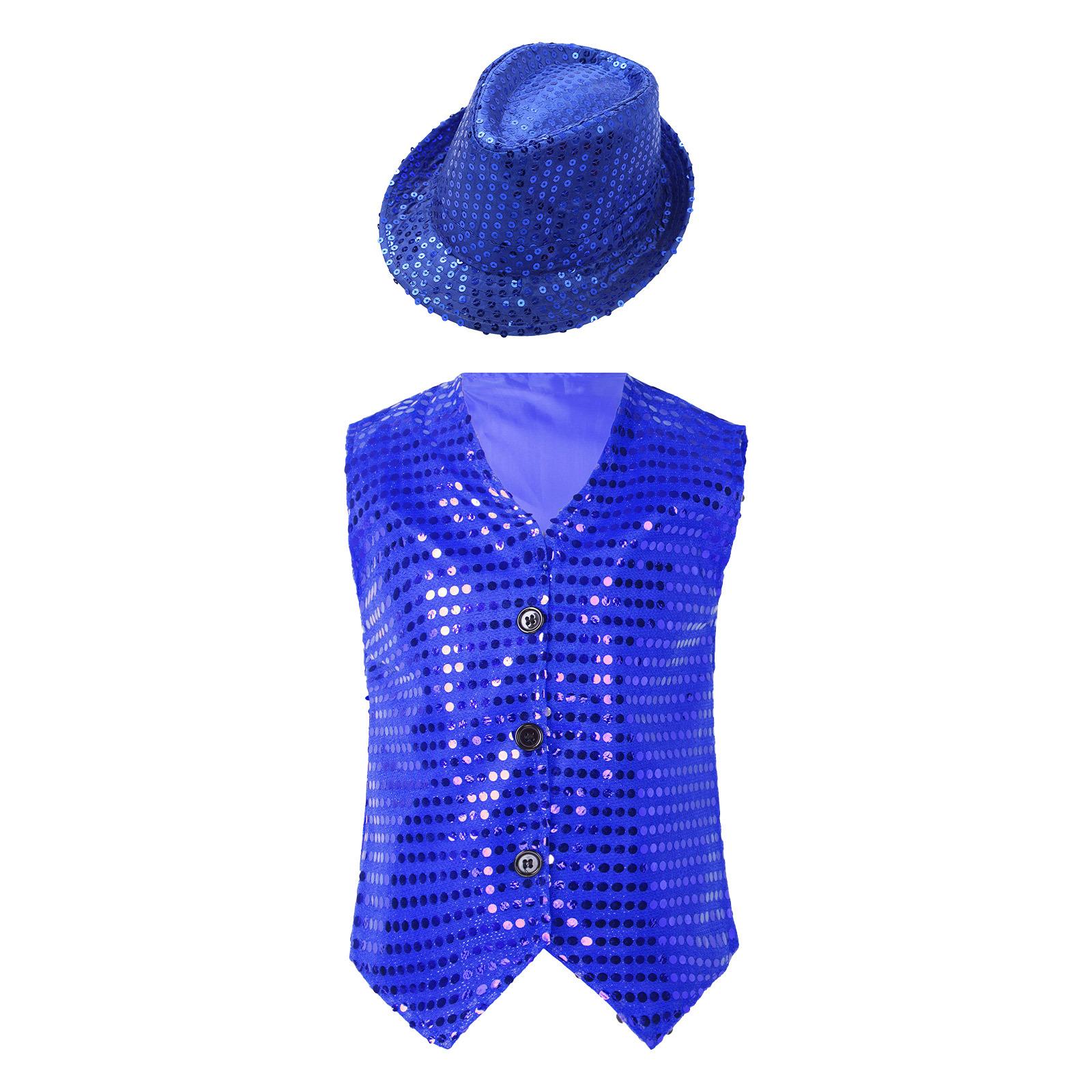 

Діти хлопчики дівчаток блискітками V-подібний виріз без рукавів ґудзики вниз з капелюхом джазовий танець сценічний одяг 6-9Months синій