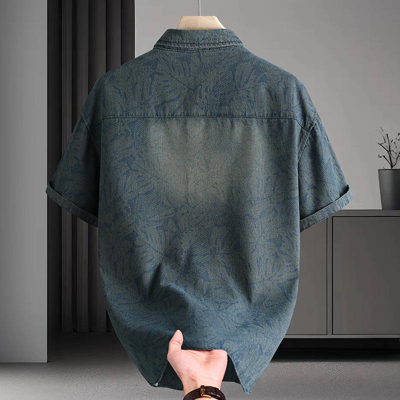 National Trend Men's Jacquard Denim Short-Sleeve Shirt - Summer Loose Fit Casual Style