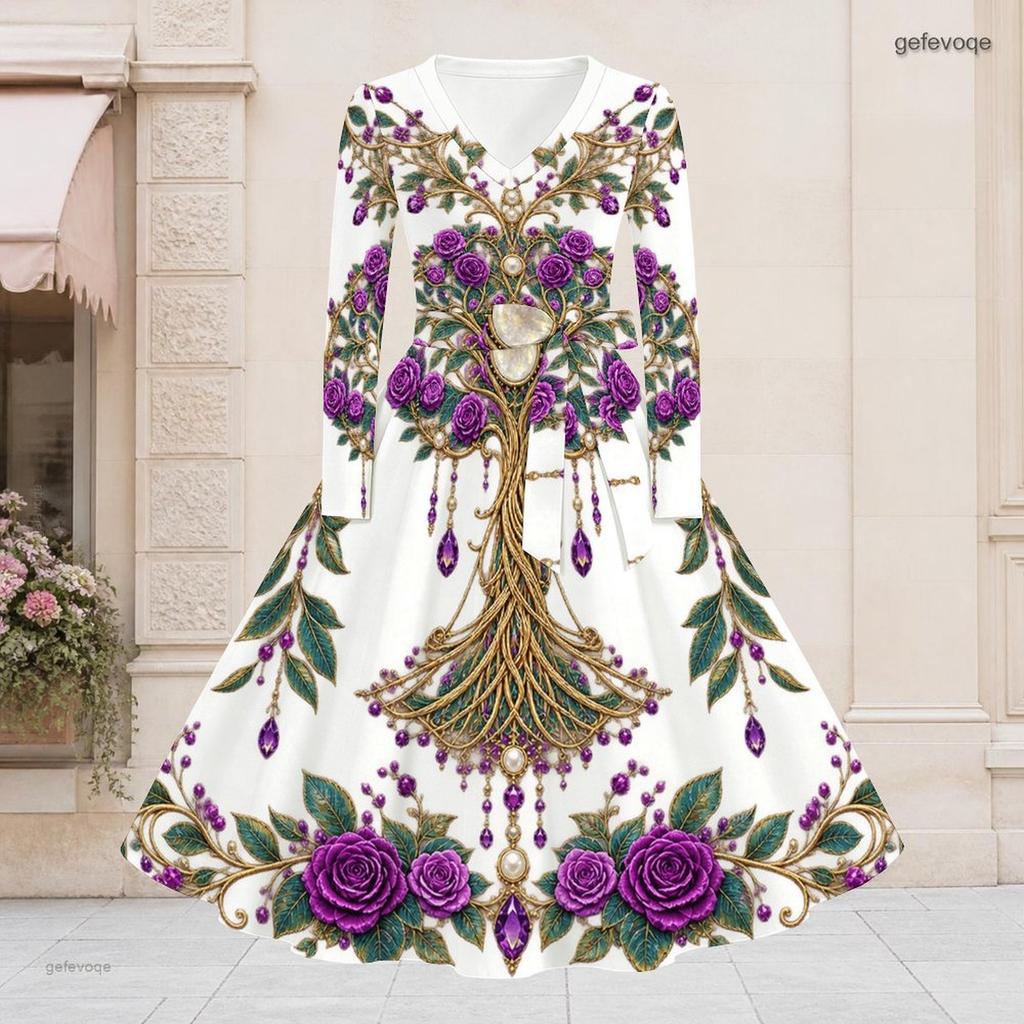 Women Plus Size V Neck Long Sleeve White Printed A Line Flared Dress With Tie Waist