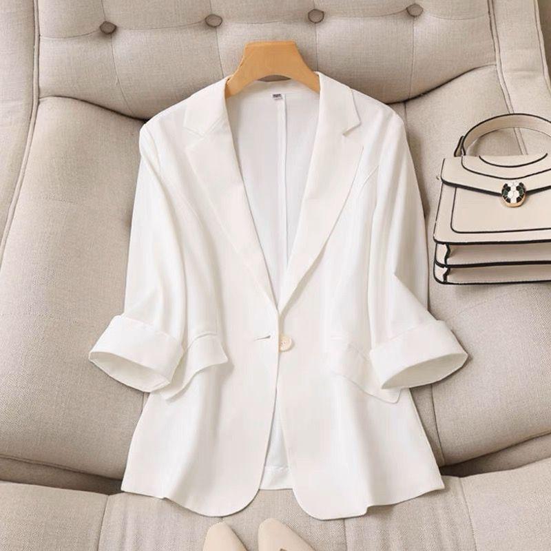K-style Tencel Linen Professional Commute Ol White Shoulder Slim Looking Suit Collar Split 3/4 Sleeve Small Business Suit Coat