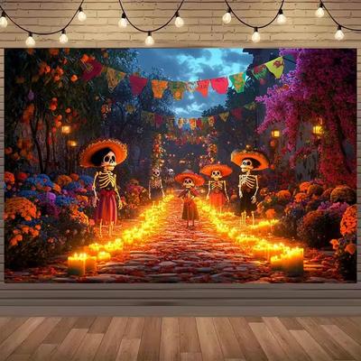 2D Day of the Dead Backdrop, Mexican Día De Los Muertos Skeleton Photography Background