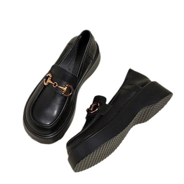 Leather Platform Shoes Women's Spring and Autumn New Versatile Muffin Single Shoes Black Small Leather Shoes Women