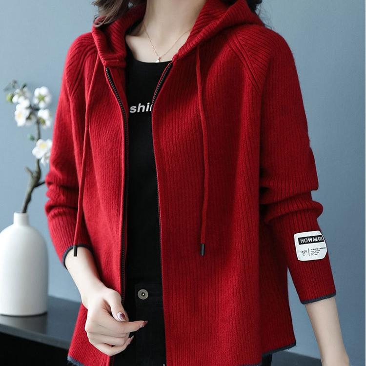 Knitted Hoodie Women's Spring and Autumn Solid-color Short Knitted Sweatshirt Hooded Zipper Sweater Cardigan Baseball Jacket
