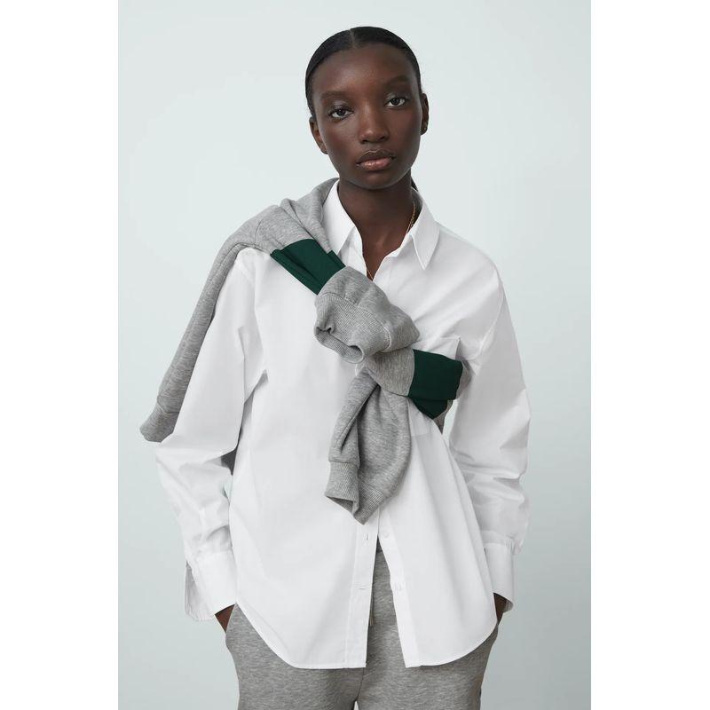 Za Fall and Winter White Base Shirt Tops Loose Long Sleeves Single Striped Style with Pockets Shirt Female 2173262 7727760