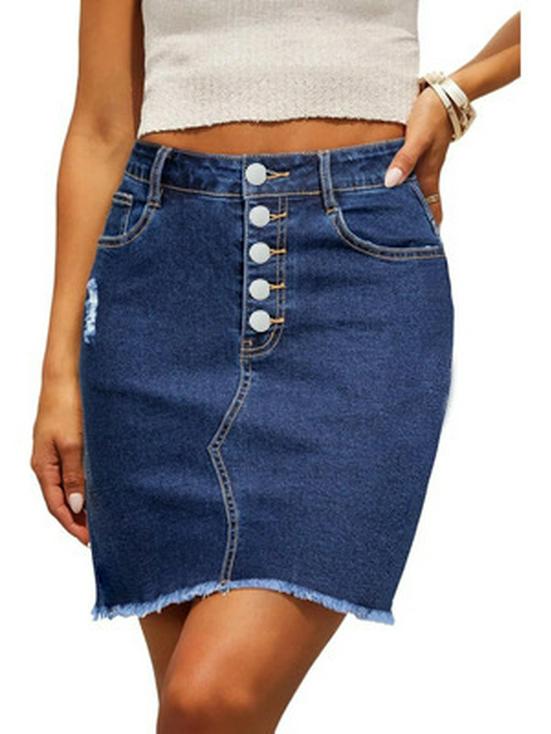Women's High Waist Ripped Denim Mini Skirt - Slim Fit, Raw Hem, Single-Breasted, European & American Style