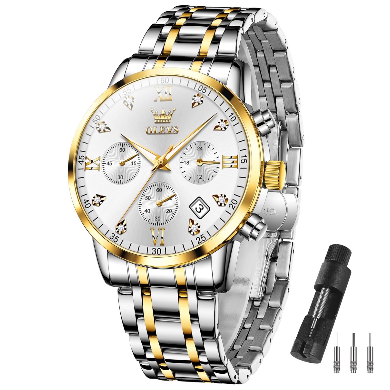 

Olevs Silver Business Popular Waterproof Quartz Analog Watch with Large Date Casual and Cool Metal Sporty Jam Tangan Pria Men s Watch, Dial, Display,