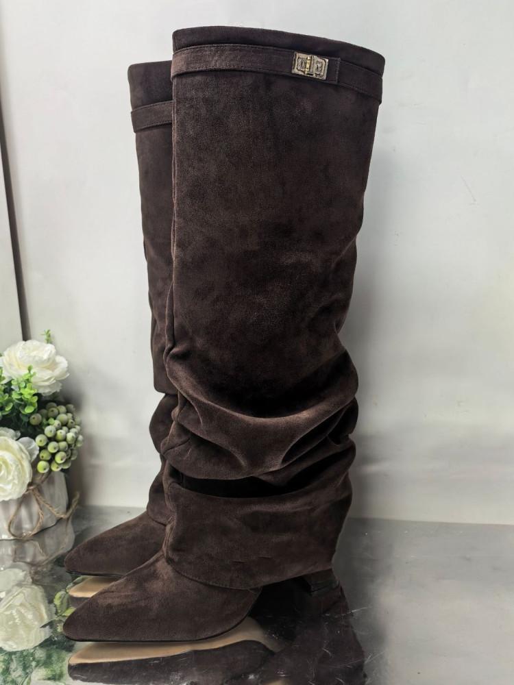 Nuovi Stivali da Donna Autunnali e Invernali a Punta Alti fino al Ginocchio, Stivali Lunghi con Tacco Spesso, Stivali alla Moda a Vita Media