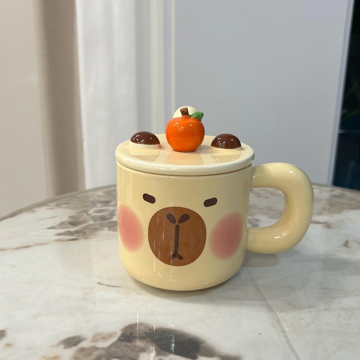 

Yellow Cartoon Cute Bear Ceramic Large Capacity with Lid Spoon Mug Drinking Water Cup Birthday Gift for Girls Practical 480ml