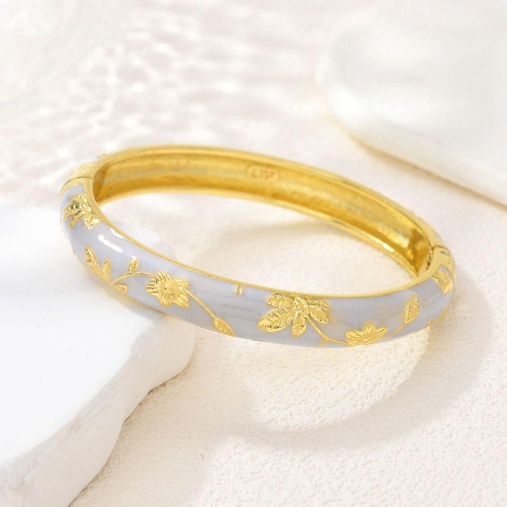 Vintage Colorful Enamel Floral Bangle Gold Plated Chinese Style Open Cuff Bracelet Elegant Handmade Flower Bangle Women